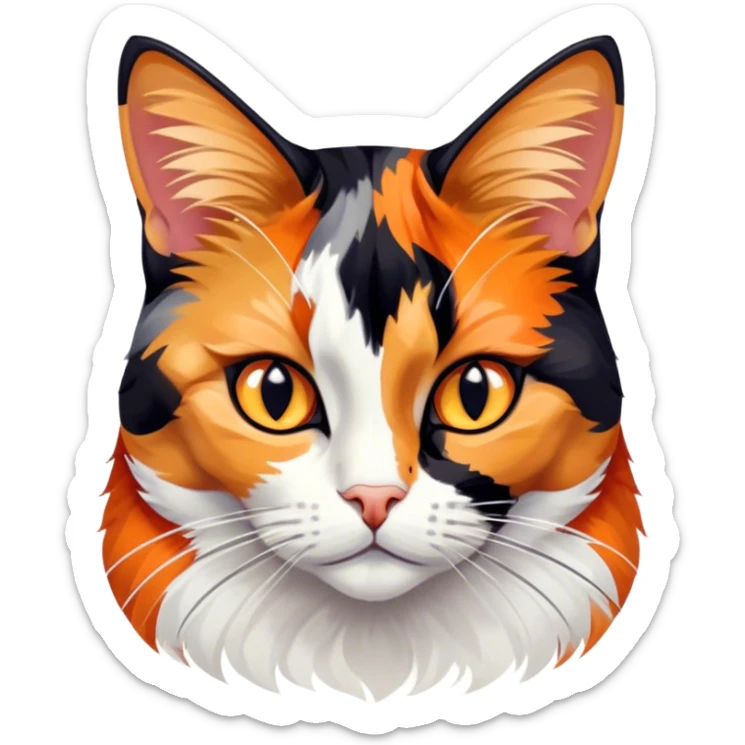 Cinematic Noble Calico Cat Portrait Emoji, Poised and regal, with a striking patchwork fur in vibrant orange, black, and white hues, delicate whiskers and a refined, focused gaze, simplified yet exquisitely detailed, glowing with a soft, moonlit radiance and an air of aristocratic elegance, high shine, exuding dignified intelligence and poised authority, soft glowing outline, capturing the essence of a watchful and noble calico cat that appears ready to grace the screen with effortless majesty! sticker