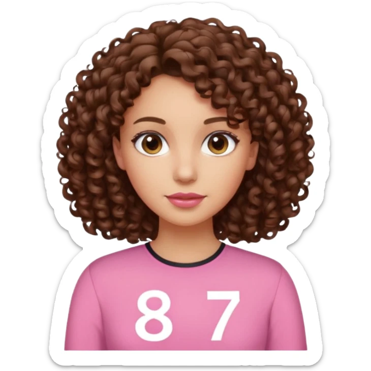 Curly hair Median, Brunette, wearing a pink blouse with *87* written on it. sticker