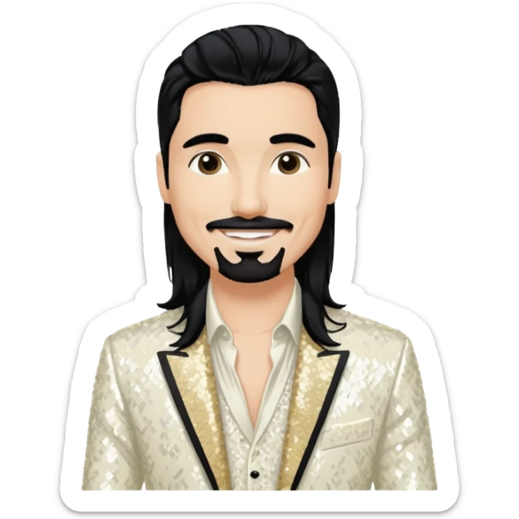 Kevin Richardson from Backstreet Boys with long black hair, ivory sequin outfit sticker