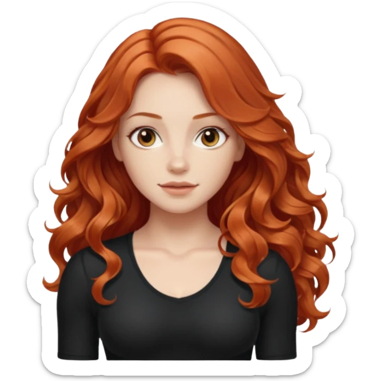 Athletic girl with long light red wavy hair and smaller boobs bigger arms not too big. middle part and black shirt sticker