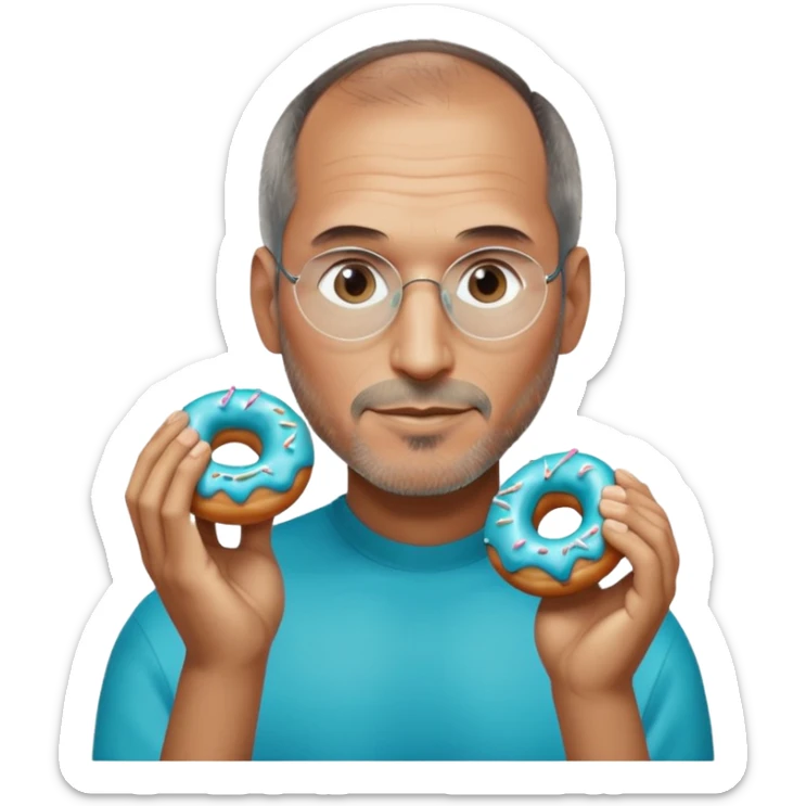 Steve jobs is eating a fully glass colored doughnut. the Doughnut is colored cyan and steve jobs is holding it by his hands, going to eat sticker