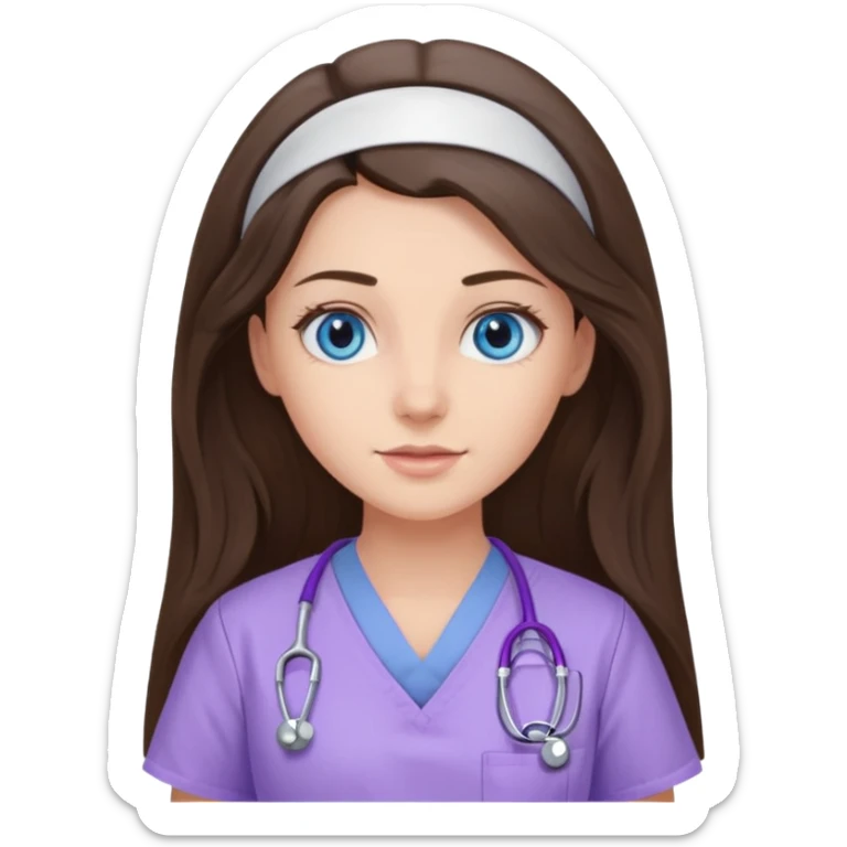 pretty brunette nurse with long hair and blue eyes in lilac scrubs sticker