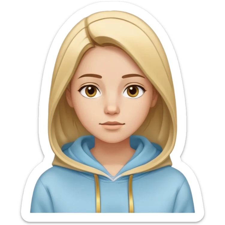 Woman with oval face, straight brown hair with blonde highlights parted to the side, dreamy expression, wearing a light blue hoodie with gold and white accents sticker