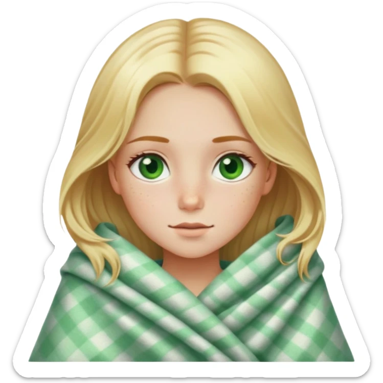 Beautiful girl with and blonde with green eyes and freckles wrapped in a blanket sticker