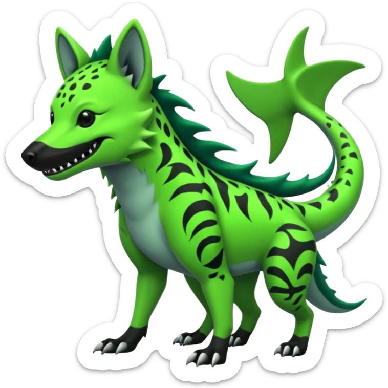 Edgy cool badass Neon-green landhai-sergal-hyena, with a shark tail, with black and dark-green swirly patterns markings sticker