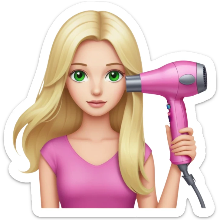 blonde woman with long hair and green eyes holding a pink Dyson hair dryer sticker
