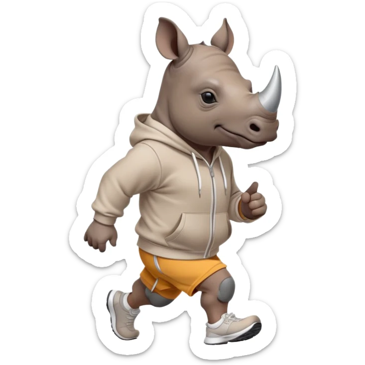 friendly anthropomorphised rhino jogging upright, wearing a hoodie and shorts, dark sunglasses, relaxed pose sticker