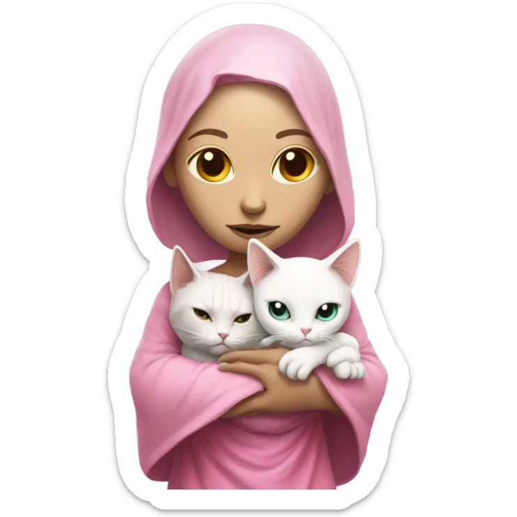 Reptilian alien woman, in meditation pink dress hugs a white cat sticker