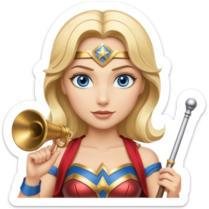 Blonde blue eyed Wonder Woman holding white orchestra conductor’s baton and bell  sticker