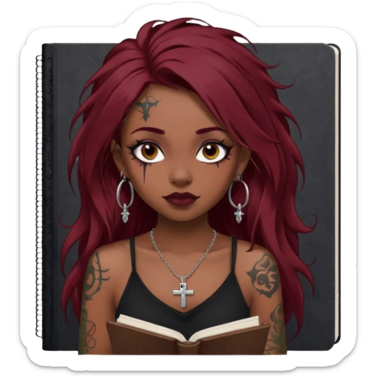 generate an ios genmoji of a dusky girl with long dark red messy hair with eyeliner on her eyes. septum piercing, wearing a cami black top, has tattoos, on shoulders. ear piercings. wearing a cross silver necklace. carrying a lot of sketchbooks sticker