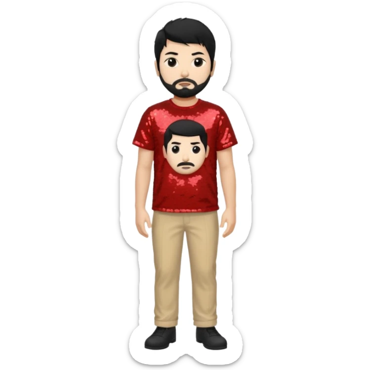 Chino Moreno with black hair, red sequin shirt, beige sequin baggy pants sticker