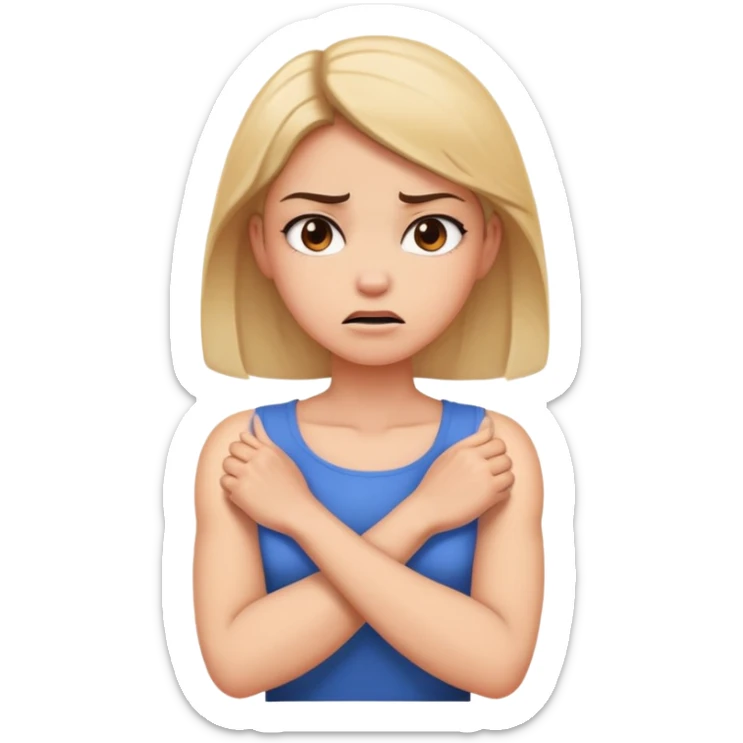 a young woman with arms crossed holding neck angry sticker