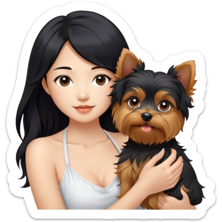 A pretty Asian girl with long, luscious wavy black hair (loose, no hair tie), wearing a white sleeveless halter top. She's holding a Yorkshire Terrier.  sticker