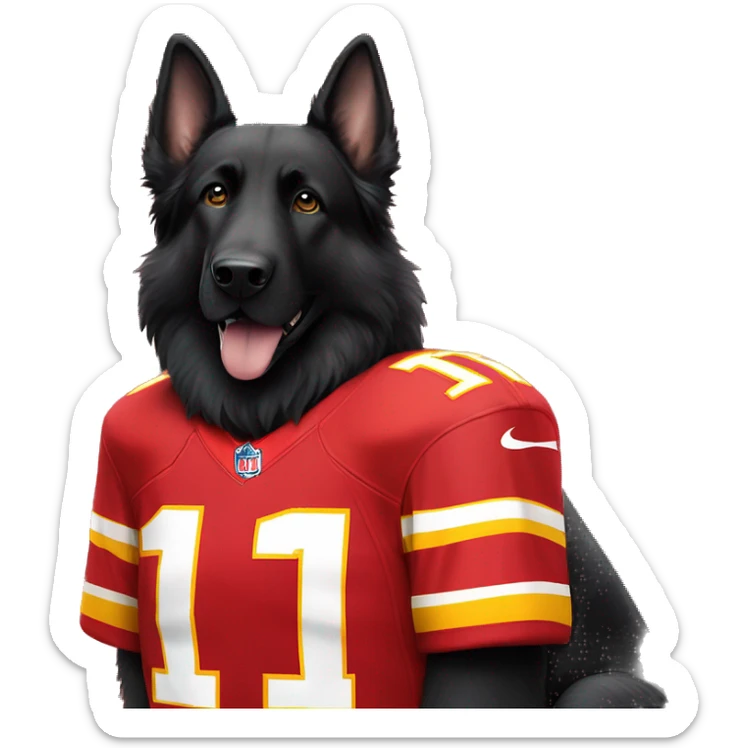 long haired black German shepherd dog wearing number 1 Kansas City Chiefs jerseys  sticker