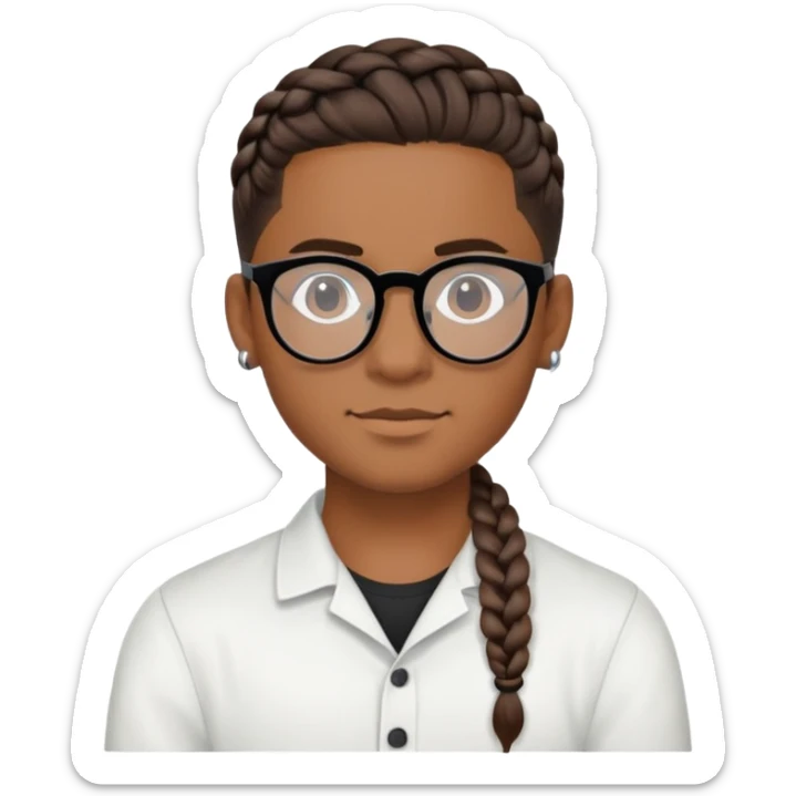 joven moreno con trenza pegada, bluao por los lados, arete y lentes negros, cabeza media redonda sticker