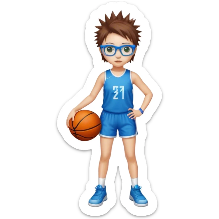 Full Body white Girl with basketball spikey short brown hair  wearing blue glasses with green eyes sticker