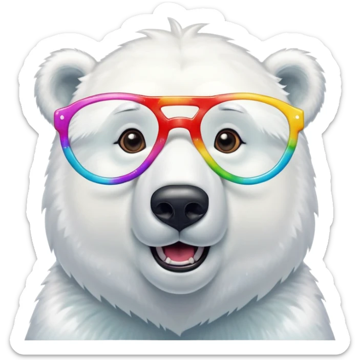 close up headshot of a friendly anthropomorphised polar bear with excited expression wearing large multicolored star-shaped glasses sticker