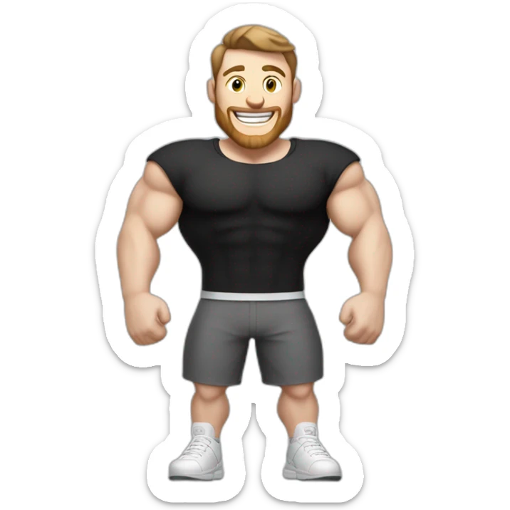 Joyful Celebrating victory Pale skinned Fit Man With the biceps and dark brown hair in black shirt, gray sports shorts and white Sneakers sticker
