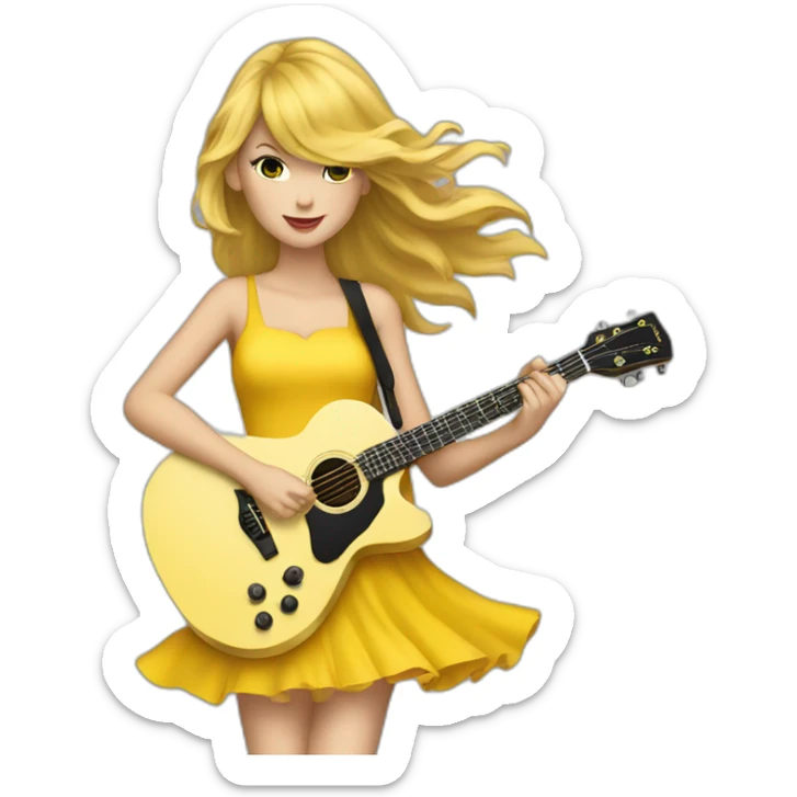 Taylor swift with a yellow dress and hair in the wind playing guitar sticker