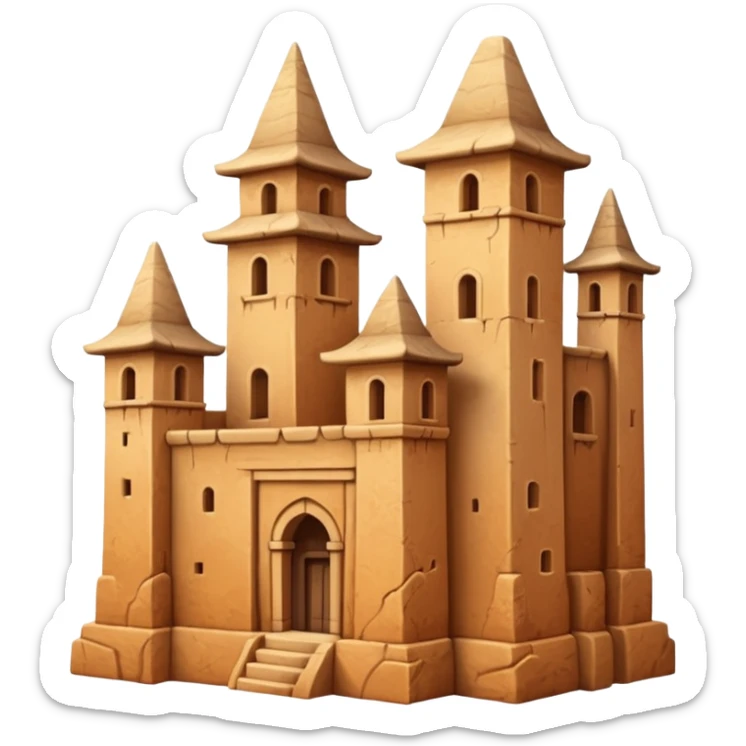 highly detailed emoji of a large ancient adobe building with tall uneven towers and textured walls, focus on architectural scale and intricate surface details, no sky or sunset sticker