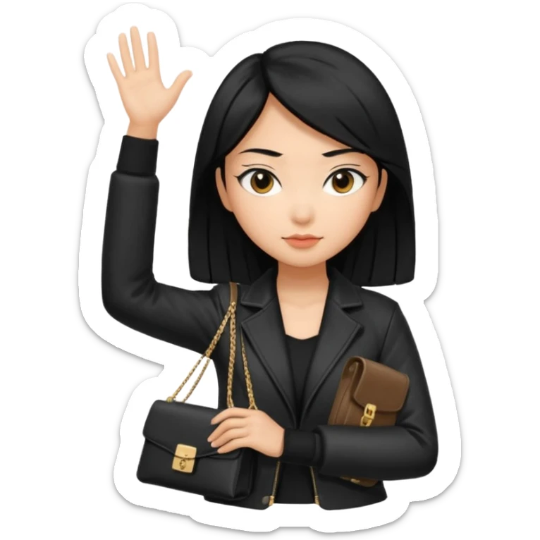 A girl with a pony tail black hair and Asian tan skin, Asian eyes, with a black jacket and a black purse with arms crossed  sticker