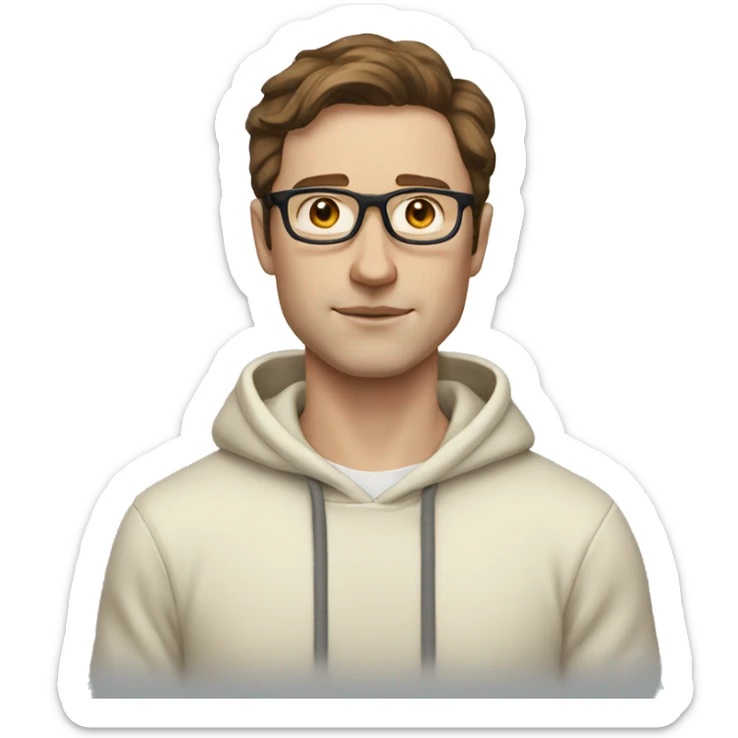 Man with brown hair and glasses wearing a cream hoodie, with a pale skin sticker