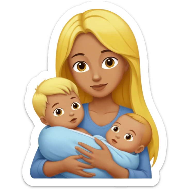 mom with long brown hair holding boy baby with yellow hair sticker