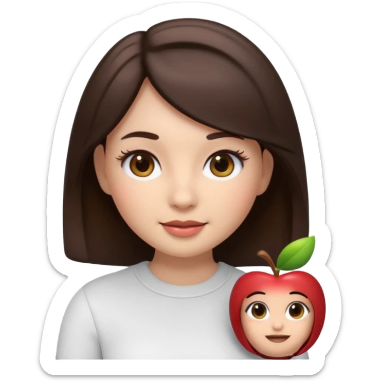 3D emoji sticker of a cute girl, Apple Memoji style, dark brown hair, brown eyes, long eyelash extensions, soft facial features, clean white background, smooth lighting, high quality, cute and friendly expression sticker