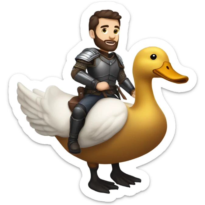 Confident armored White Man with dark brown hair and a short beard riding on the back of a giant duck sticker