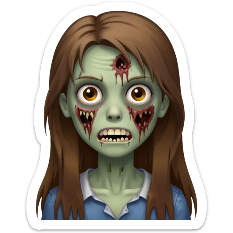 Girl zombie with brown long hair with teeth and serious face sticker