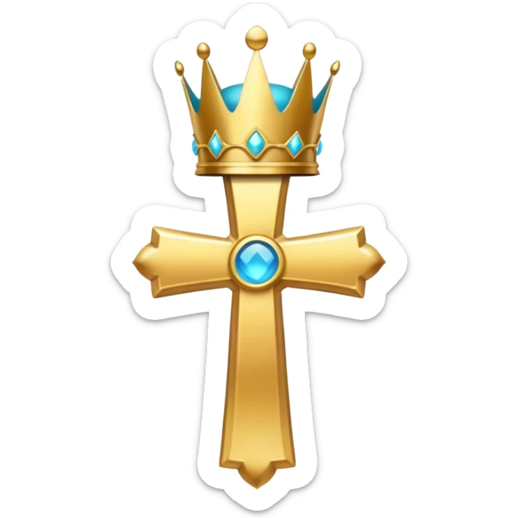 a golden, glowing cross with a cyan crown on top of it, with no background sticker