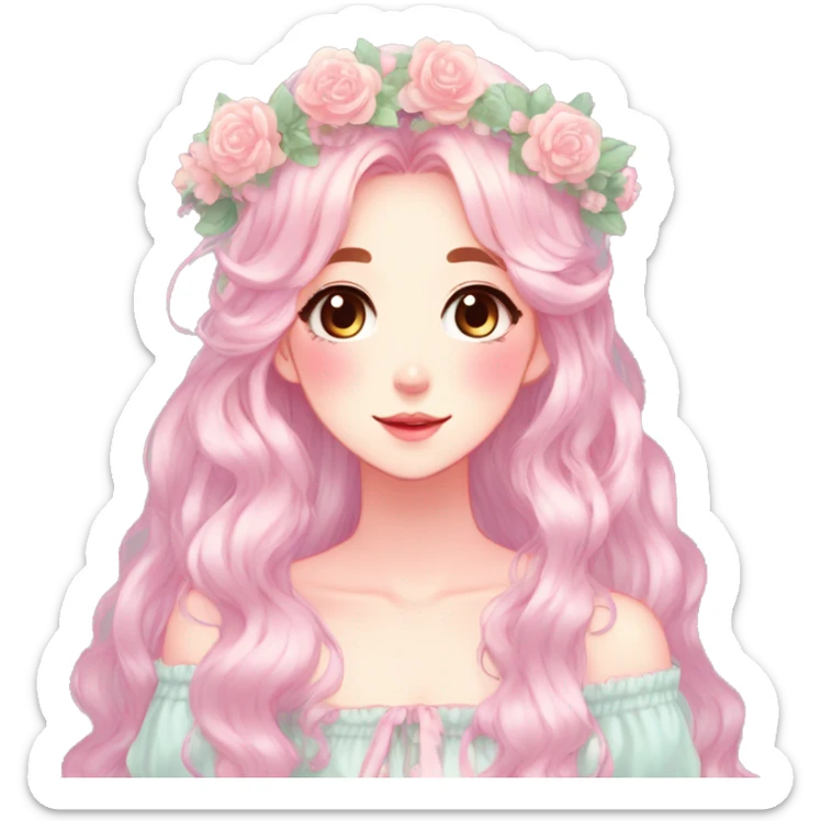 Shiny Gorgeous Pastel Anime Lady with blushing face and pretty hair with a flower crown pastelcore kawaii cottagecore fairycore aesthetic trending style sticker