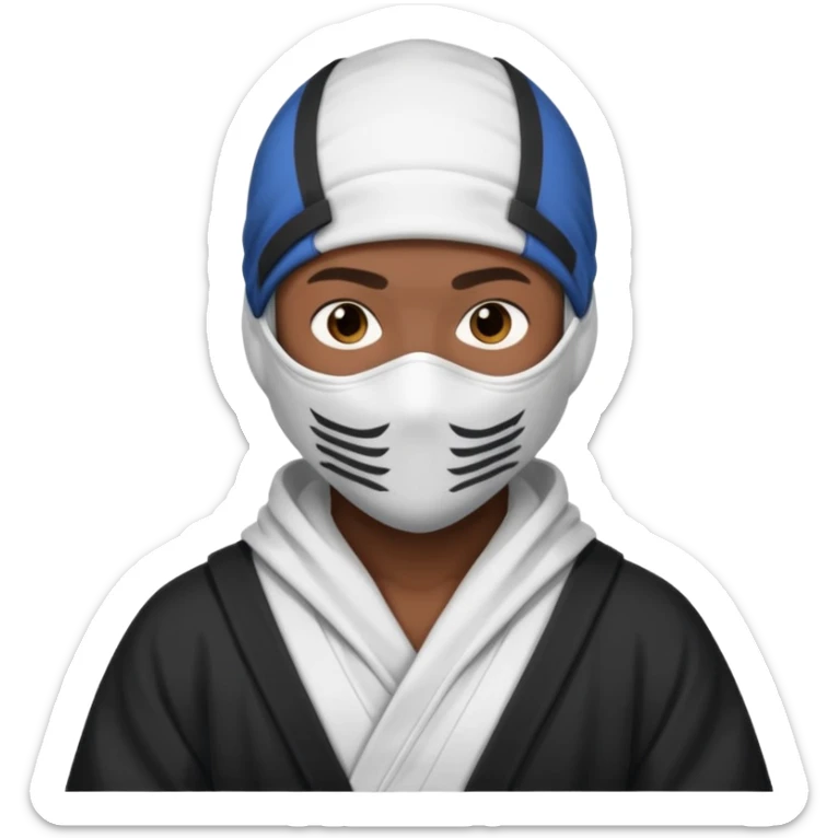 All white ninja robe with no black with white ski mask to cover face and neck with a hoodie on and dark brown skin color sticker