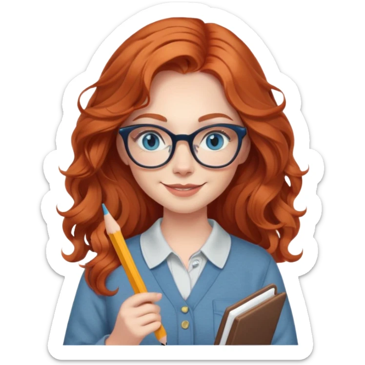 redheaded woman with long wavy hair, blue eyes, cat-eye glasses, casual outfit, holding a pencil, smiling sticker