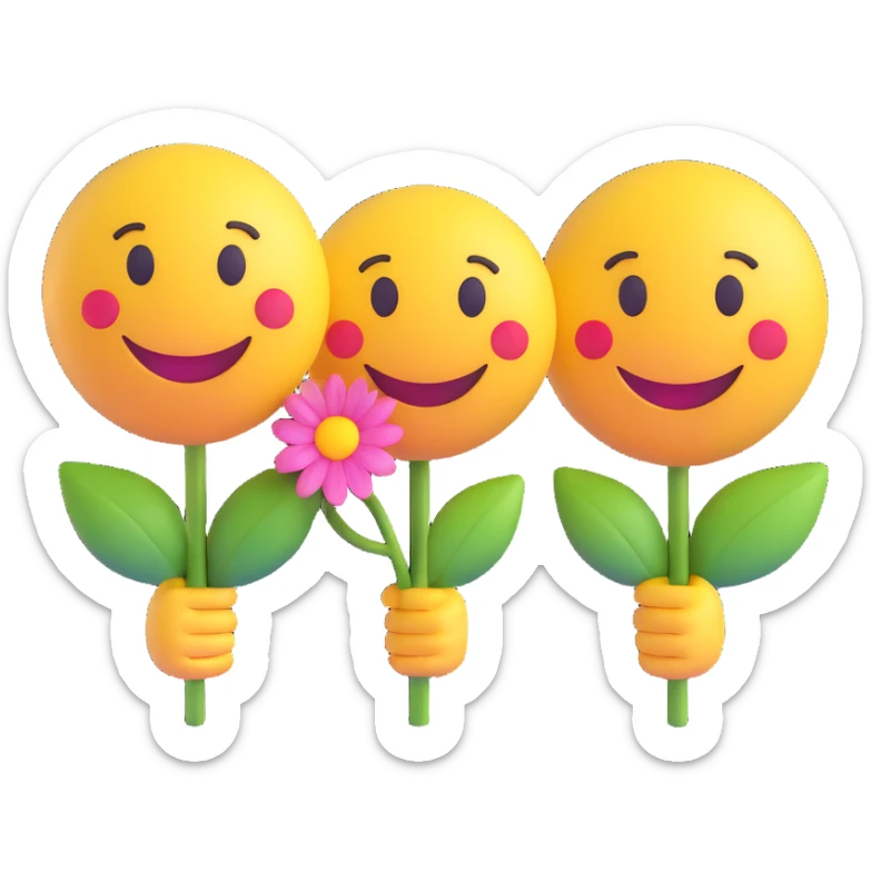 3D smiley emoji, round shape, in love, boy and girl smileys side by side, flower in boy's hand, no body sticker