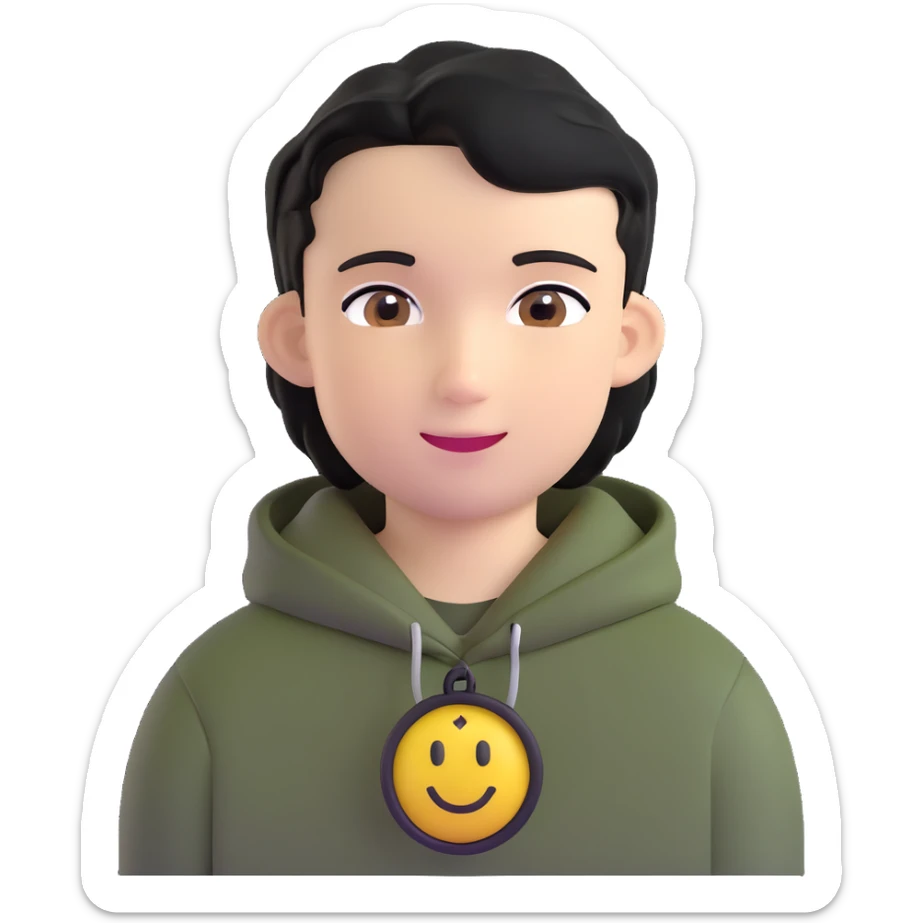 boy with military cut black hair, brown eyes, wearing 2 circle earrings and a black hoodie with a smiley face sticker