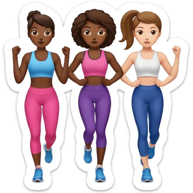 three women friends exercising together, one black woman with brown hair, two white women with brown hair sticker