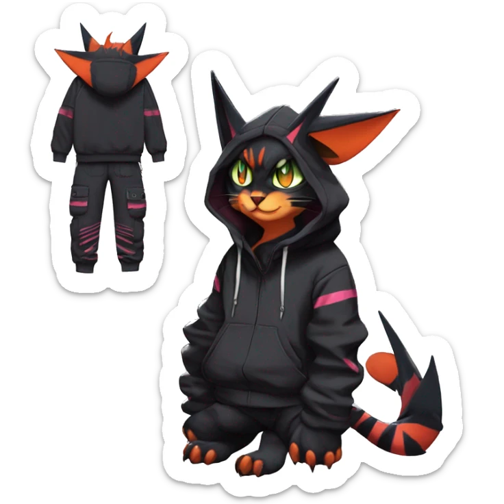 Cool Anthro Noivern-Litten-Cat-Pokémon with edgy stripes hoodie spiked collar punk techwear Cargo Pants Full Body sticker