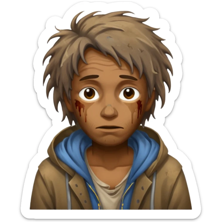 very dirty looking homeless person very very dirty and smelly looking face only, not old with stains everywhere and messy hair sticker