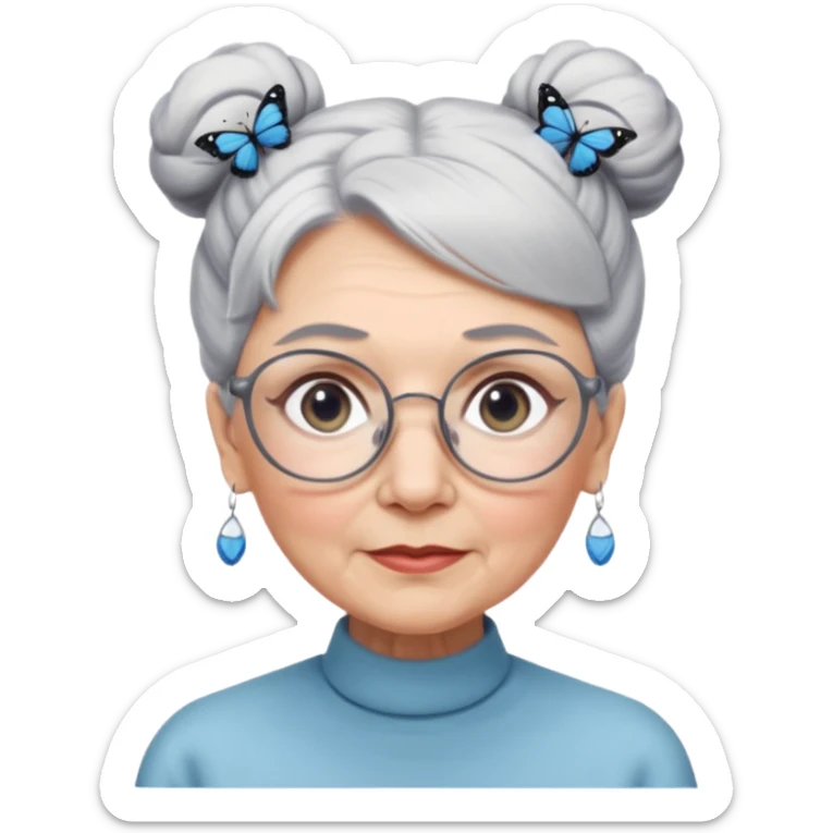 A beautiful grandmother with a delicate face and white/grey hair styled in high buns. She has steely blue/grey eyes and an intense gaze, and wears pretty glasses with butterfly frames. No background sticker