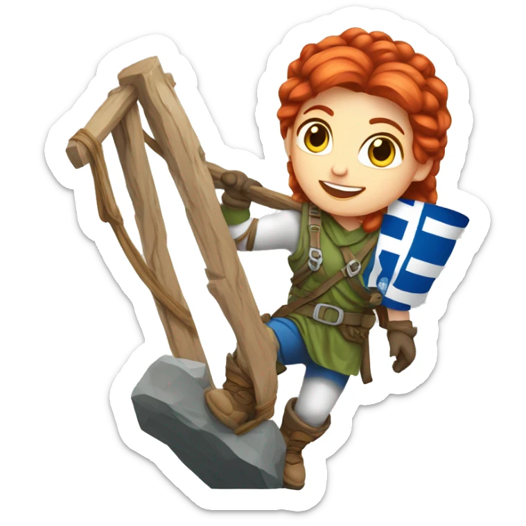 Greek Female winter mountaineer red hair white skin climbing with Greek Flag and Easter eggs basket sticker