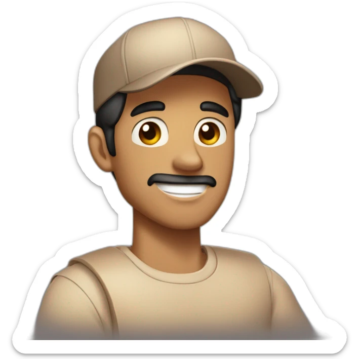 Tan skinned fit Man with black hair in a brown cap and beige polo T-shirt keeping a pasted box into his hands sticker