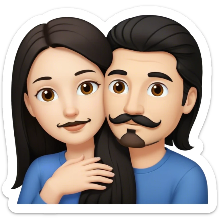 a white girl with long black hair hugging a white guy with brown hair goatee mustache sticker