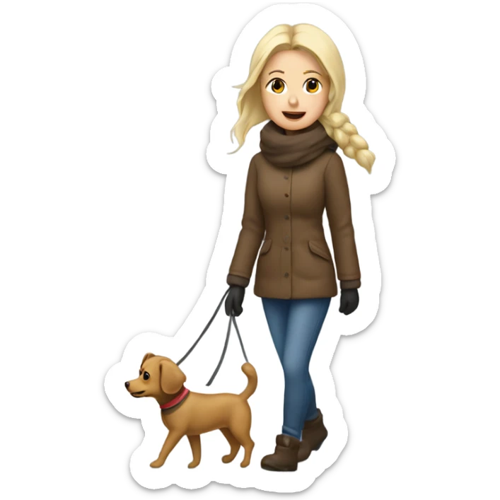 A cold day with snow and ice and a blonde woman walking a tiny brown dog  sticker