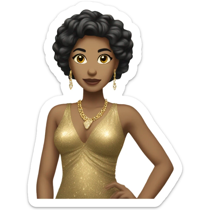 light skin woman with long black hair in gold sparkle dress with gold jewelry sticker