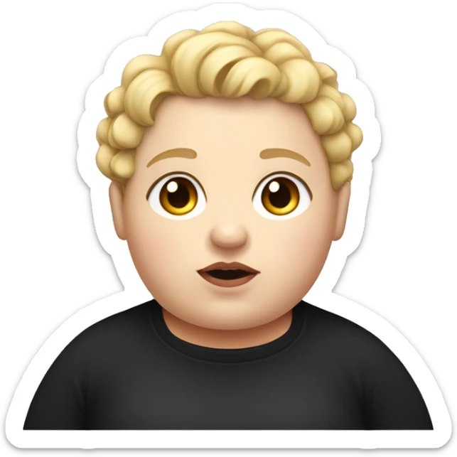 A morbidly obese girl with short blonde curly boy hair and a black sweater sticker