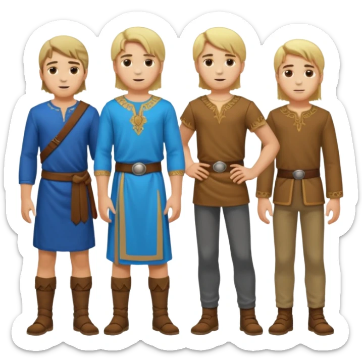 Cartagineses: un grupo de hombres jóvenes, pelo largo rubio y castaño, ropa buena, cara de niños de alrededor de unos 20/25 años.
cuerpo entero, de la época púnica sticker