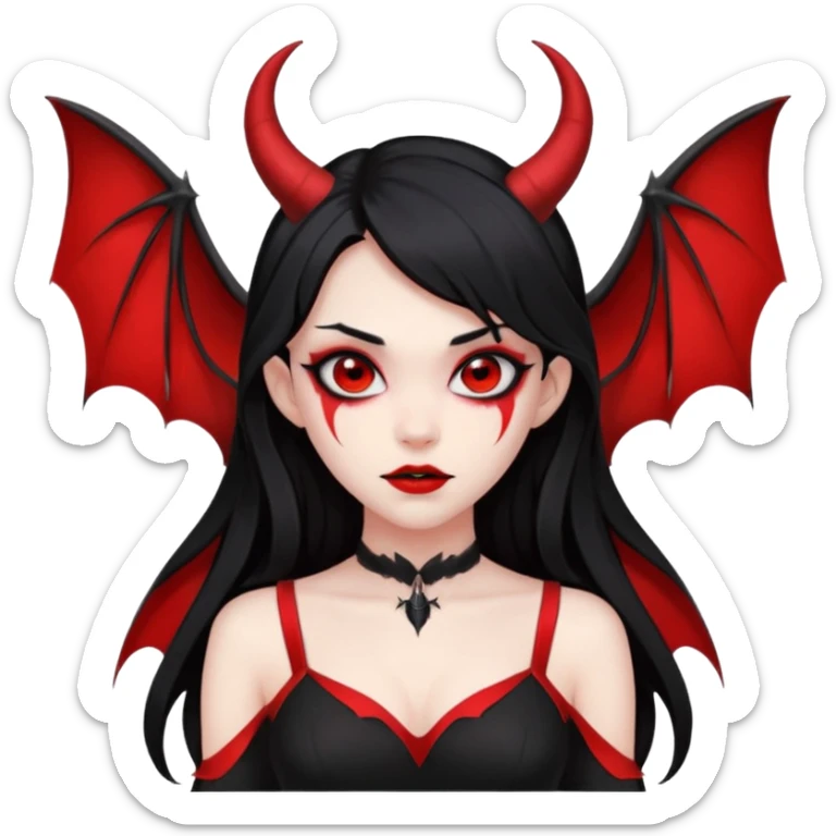 demon girl, skin red , black long hair, small horns, bat wing, black open-back dress, bold black outlines sticker