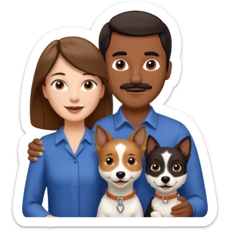 Quiero a una mujer blanca  con el pelo por el hombro lacio castaño  con un hombre de color morochito con el pelo negro y bigote, ambos felices  y un solo perro blanco Fox terrier  sticker