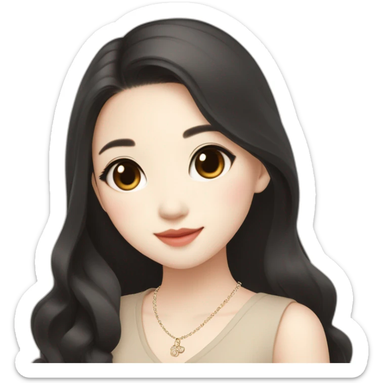 cute singaporean-chinese girl in Muji beige dress with long black hair and van cleef clover necklace sticker